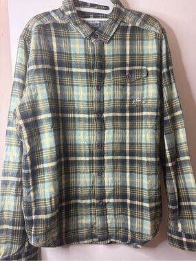 Rusty Men’s Plaid Flannel Button Down Shirt Green Blue Yellow Cotton M